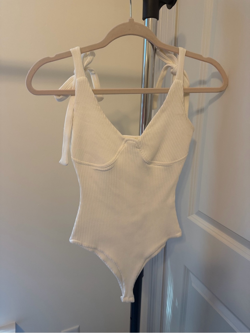 Cream Ribbed Tie-Shoulder Kids One-Piece